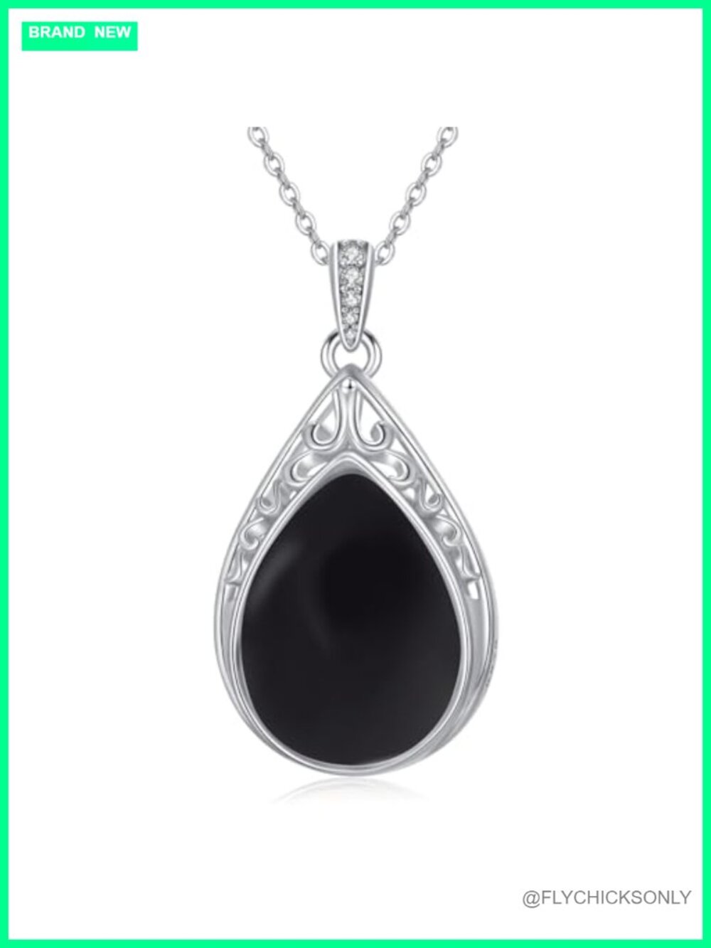 925 Sterling Silver Teardrop Filigree Black Onyx Pendant Necklace